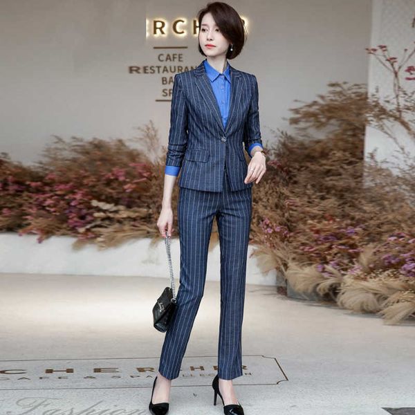 Alta Qualidade Professional Calças Mulheres Autumoso Slim Striped Blazer Escritório Trendy Trabalho roupas 210527