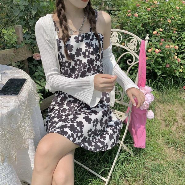 

casual dresses black causal vintage floral fashion basic all match a-line slim college wind 2021 summer women, Black;gray
