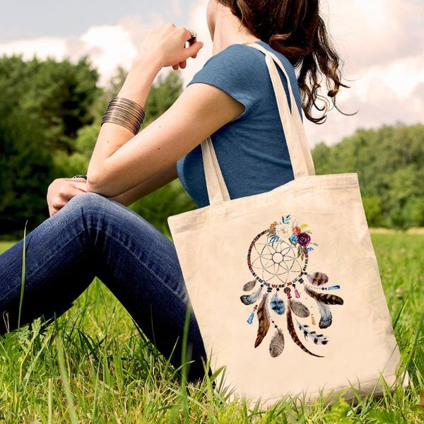 

storage bags dream feather print canvas tote black dreamcatcher vogue harajuku casual female girl eco shopper shoulder