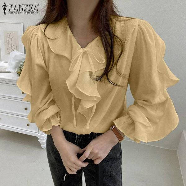 

women's blouses & shirts zanzea solid ruffle tunic 2021 fashion women long sleeve autumn elegant white ol blusa casual loose o neck bl