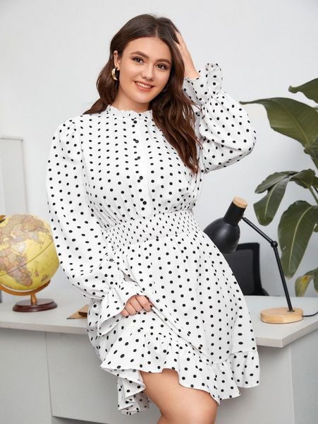 

plus ruffle trim buttoned front shirred waist polka dot dress h58r#, Black