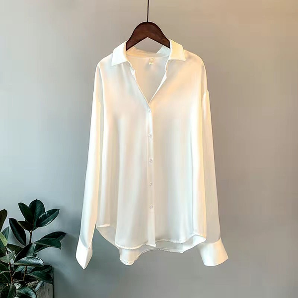 

satin summer casual button shirt women chiffon shirt long solid color shirt ladies loose design korean ladie long sleeved shirts, White