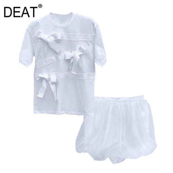

[deat] summer fashion short sleeve round neck bow t-shirt mini ball gown skirts women two-piece suit 13c989 210527, White