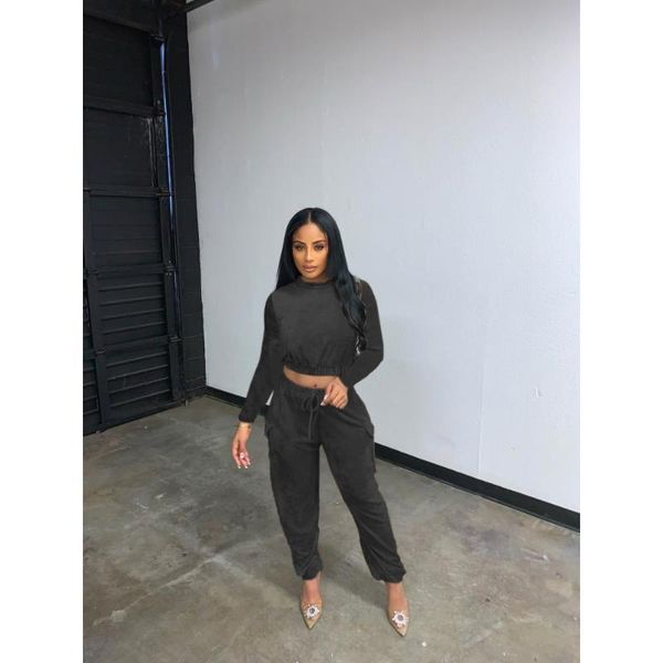 

women's two piece pants premium korean velour overalls loose matching sets crew neck tunic waist and drawstring straight long cargo, White
