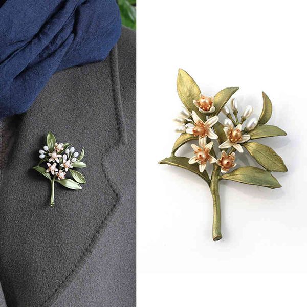 

orange flower brooch copper plated real gold freshwater pearl enamel, Gray