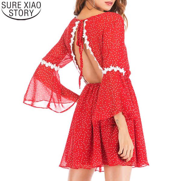 

spring summer mini short flare sleeve bohemian backless dress women beach dot print dresses 14133 210417, Black;gray