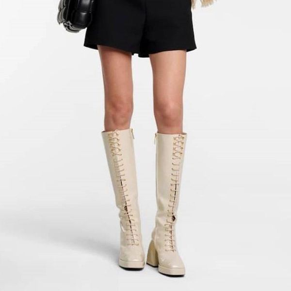 

boots brand designer patent leather knee high for woman platform heel all matched riding winter snow wom, Black