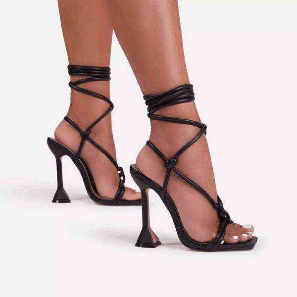 

sandals women designer fashion square toe high heels shoes hollow cross tied heeled sandals club party slippers 220301, Black