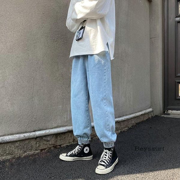 

fashion mens vintage washed jeans hip hop solid loose fit denim pants harajuku korean style men jean trousers male men's, Blue