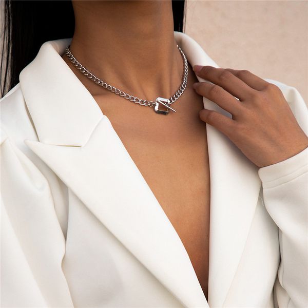 

european single square buckle gold chains alloy rectangular clavicle chain women dress punk neck wear link jewelry accessories wholesale, Silver