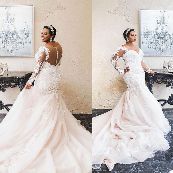 

african plus size mermaid wedding dress v neck long sleeve bridal gowns robes de mariÃ©e sheer back bride dresses, White