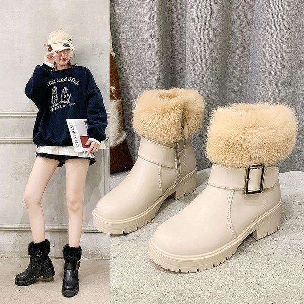 

boots 2021 women snow ankle warm short fur plush winter calf boot platform ladies shoes female comfortable, Black