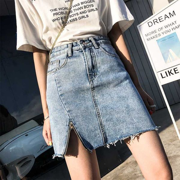 

women autumn blue solid casual high waist pencil denim skirts summer street pockets button all-matched jeans skirt 210601, Black