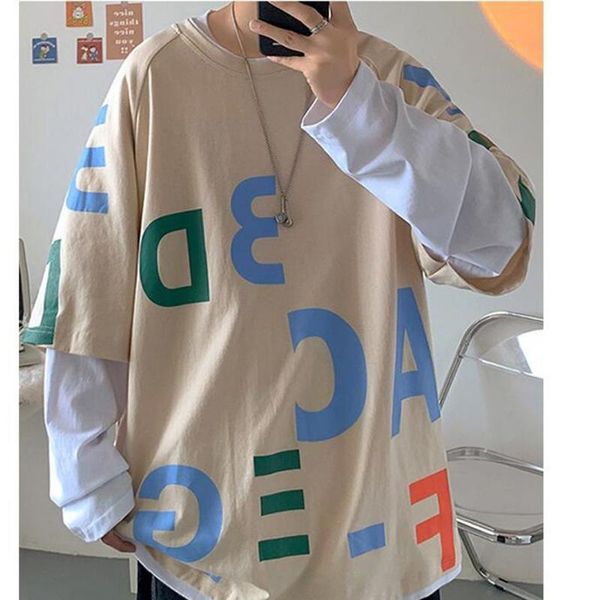 

men's t-shirts fake two long sleeve men tshirt summer autumn alphabet print korean all-match fashion student oversize clothes black kha, White;black