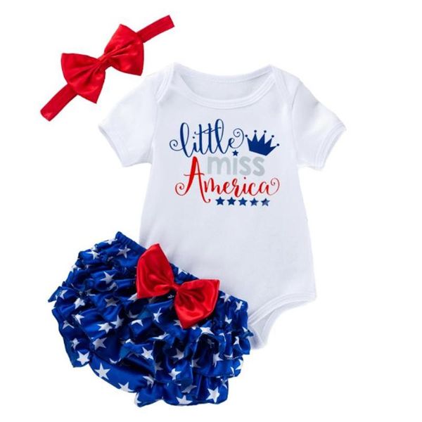 

clothing sets independence day baby girls outfit infant summer letter printing short sleeve round collar romper star shorts bow headwear 0-2, White