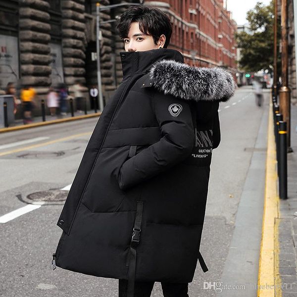 

men's down & parkas jacket winter long mens hooded fur collar fashion casual warm white duck coat tide male r8ye, Black