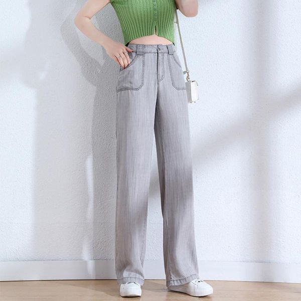 

women's jeans 2021 silk waist light blue in summer day female height pants straight canister dichromatic wide-legged 7305