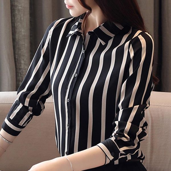 

women's blouses & shirts womens and long sleeve striped chiffon blouse fashion woman 2021 turn down collar office ladies b866, White