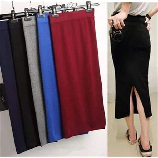 

Skirts Autumn Winter Knit Saia Midi Women Sexy After Placketing Office Pencil Female Jupe High Waist Long Skirt FXJP, Black
