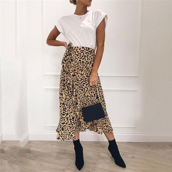 

skirts summer women lace up fashion high waist ruffles loose slim long wrap skirt ladies leopard beach clothing female, Black