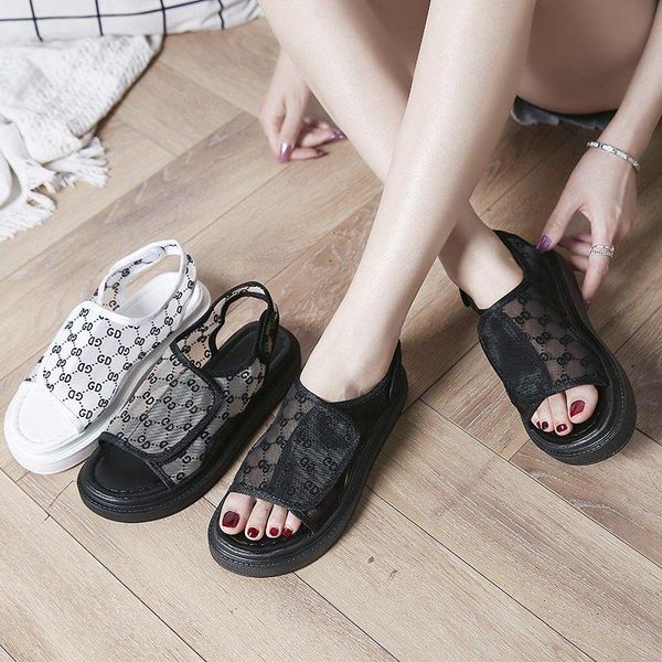 

summer casual shoes for women platform 2021 fashion open toe sandals breathable mesh print big size woman sports, Black