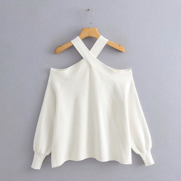 

autumn women european style cross hanging neck collar strapless loose long-sleevedfemale sweater 210520, White