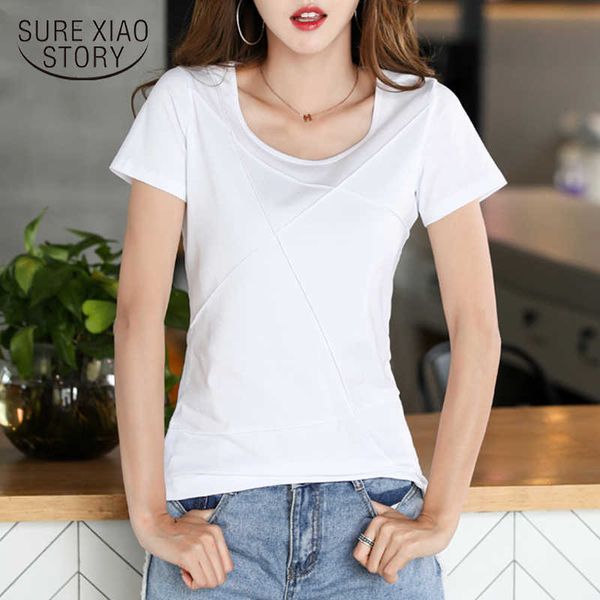 

summer slim solid short sleeve shirts women korean style casual cotton women's blouse plus size pullover womens 9508 210528, White