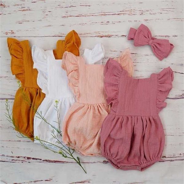 Algodão orgânico bebê menina roupas verão dupla gaze kids ranhura romper macacão headband empoeirado playsuit rosa para nascido 211011