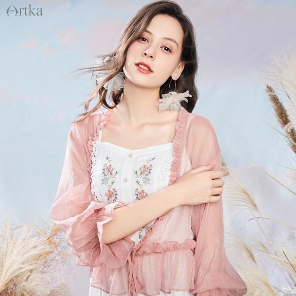 

women's blouses & shirts artka 2021 summer women blouse elegant ruffles chiffon shirt loose bling cardigan coat open stitch wa20002x, White