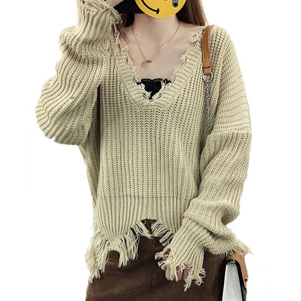 

women's sweaters 2021 arrival women autumn winter sweater v-neck knitted ripped fashion female pullover ladies jumper, White;black