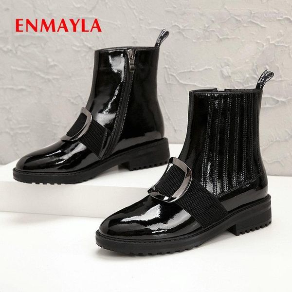 

boots enmayla 2021 winter women genuine leather ankle for round toe motorcycle square heel platform1, Black