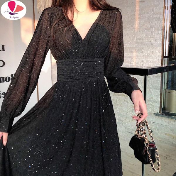 

casual dresses vintage glitter long maxi dress women spring high waist sleeve elegant boho shiny party plus size sexy, Black;gray