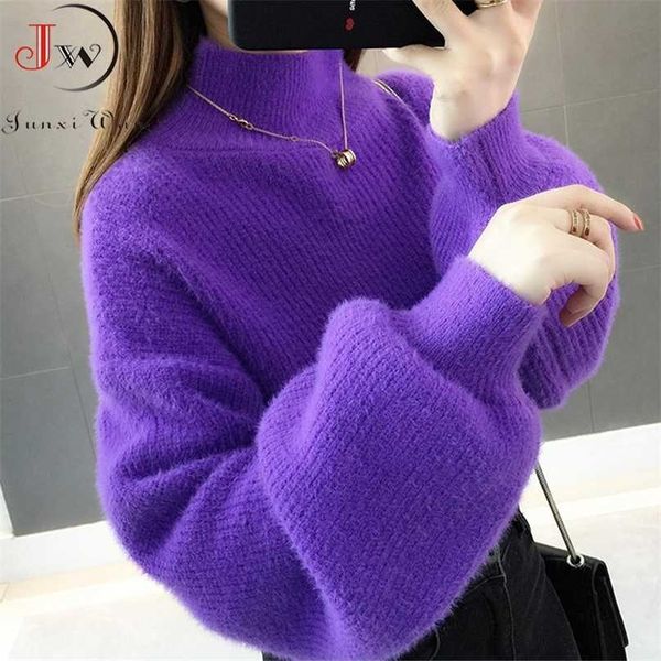 Grosso Mohair Mulheres Suéteres Turtleneck Soft Lanterna Sleeve Curto Pullovers moda outono inverno camisola sólida jumpers 211011