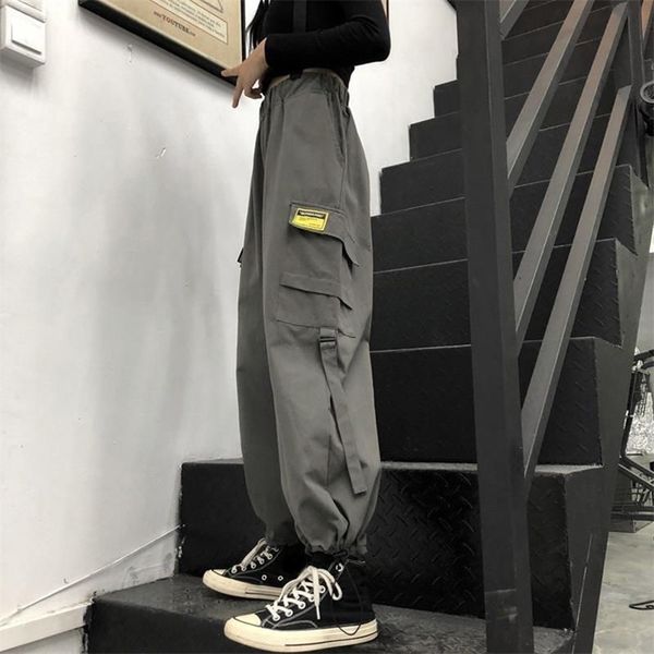 

houzhou techwear women cargo pants hippie streetwear black jogging wide leg trousers for female korean fashion hip hop 211115, Black;white