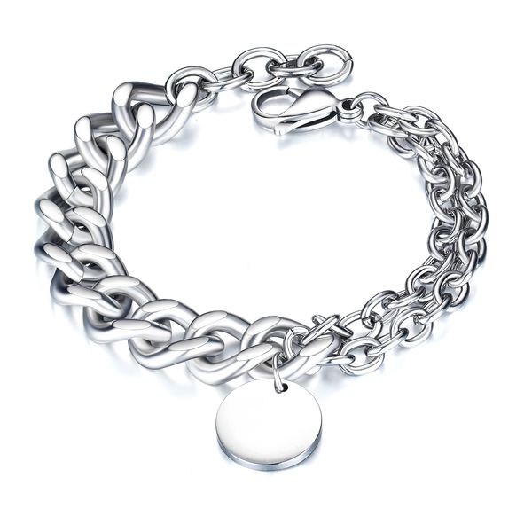 

men bracelets round tag customize link stainless steel metal clasp charm male engrave chain, Black