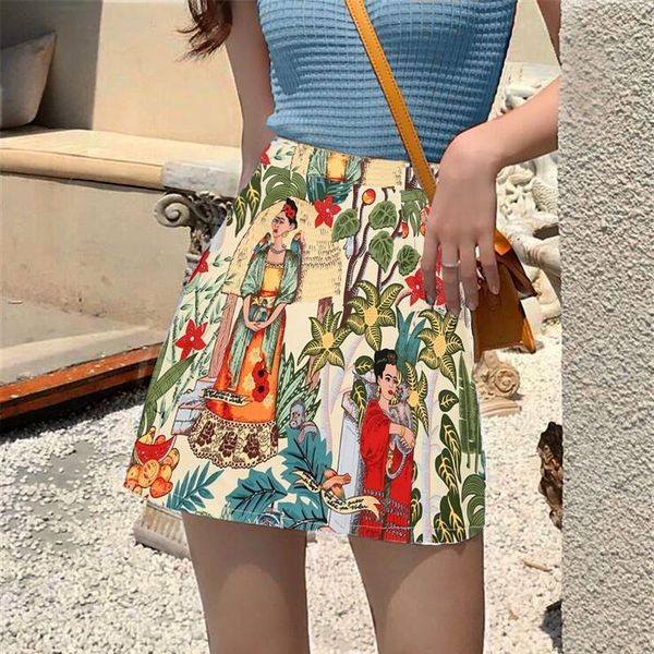 

skirts elegant summer skirt female character print retro high waist floral a line mini faldas jupe femme womens clothes, Black