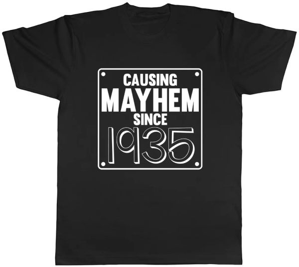 

Mens Causing Mayhem since 1935 Birthday T-Shirt, White;black