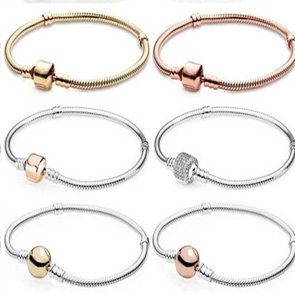 

genuine beads& pave crystal ball & barrel clasp snake chain bracelet fit bangle 925 sterling silver charm diy jewelry gift, Black