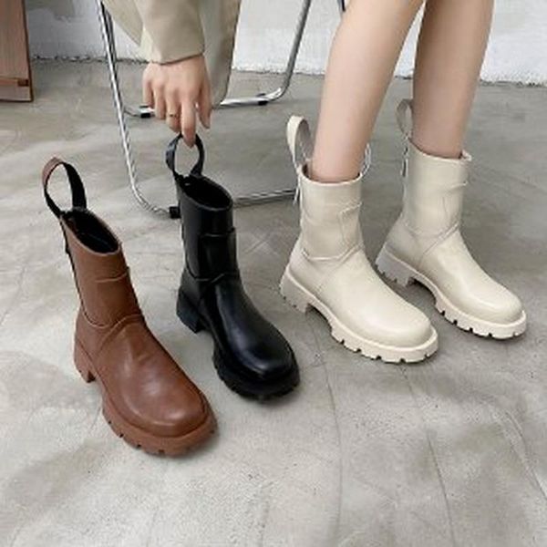 

boots ladies winter 2021 leather platform zipper black ankle motorcycle thick heel zapatos de mujer