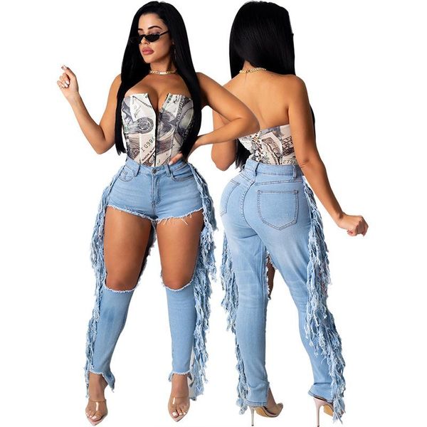 

women's jeans fashion all-match women streetwear ripped fringed, Blue