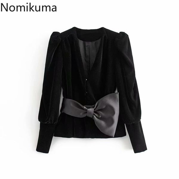 Nomikuma elegante veludo mulheres casaco outono inverno magro jaqueta korean doce bowknot sopro manga longa v-pescoço outwear 6c917 210427