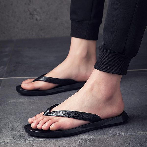 

slippers men's summer breathable shoes work zapatos transpirables hombre teenslippers leather flip flops for men, Black