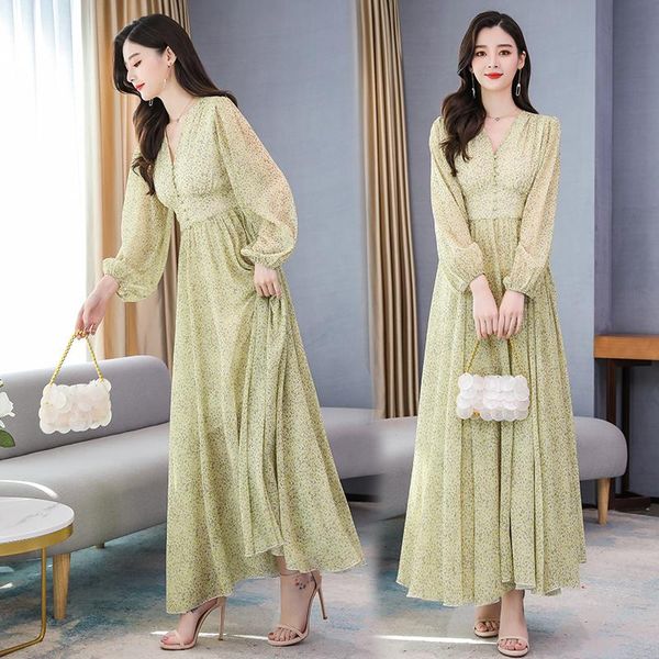 

casual dresses coigarsam dress women autumn 2021 french style long sleeve floral print chiffon v-neck design and color, Black;gray