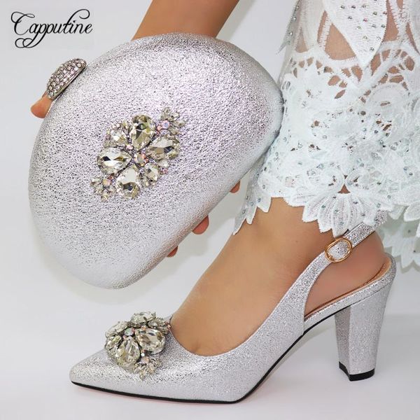 

dress shoes capputine 2021 fashion italian style rhinestone woman and bag set african summer pumps for wedding, Black