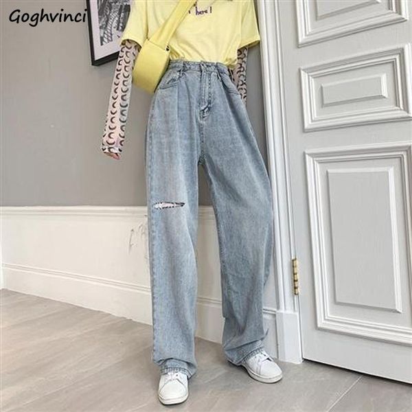 

jeans women summer denim hole solid high waist vintage korean style streetwear harajuku street casual fashion chic trousers women's, Blue