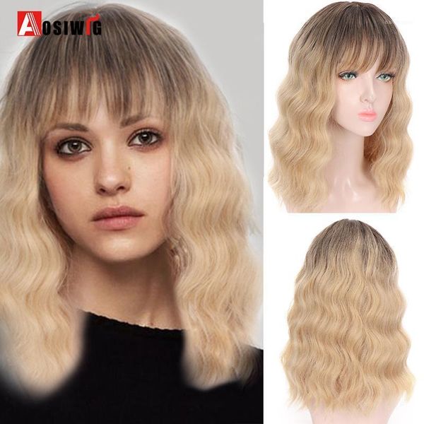 

synthetic blonde wavy wigs with bangs short natural hair dark roots bob cosplay lolita wig for women girl high temperature1, Black