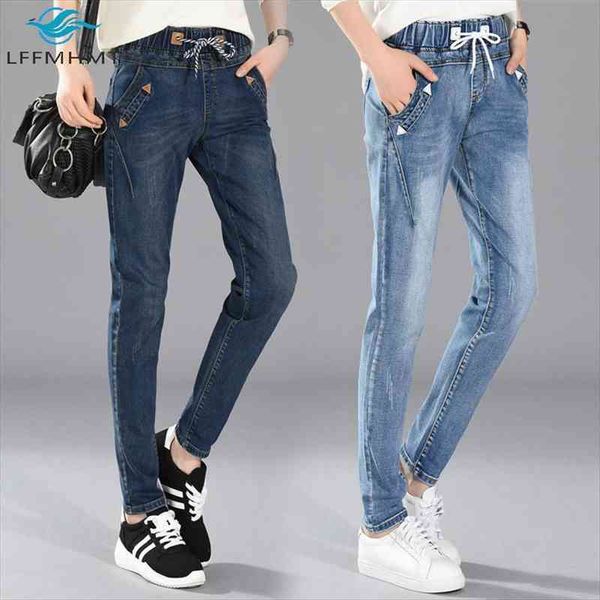 

spring fashion large size womens jeans 5xl loose casual high waist stretchable denim pants office lady wild, Blue