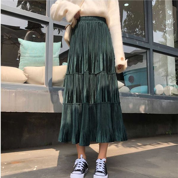 

skirts autumn winter splicing pleuche skirt women korean fashion vintage high waisted a-line midi long veet pleated faldas bruh, Black