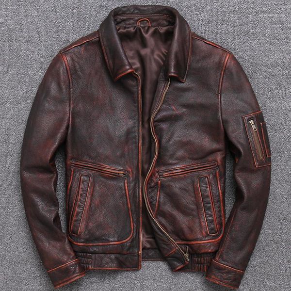 

men's leather & faux man head layer cowhide genuine clothing self-cultivation do used jacket lapel short fund locomotive, Black