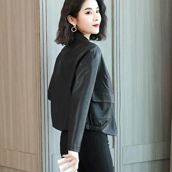 

women's jackets non-cracking leather jacket 2021 spring and autumn korean loose baseball uniform casual women, Black;brown